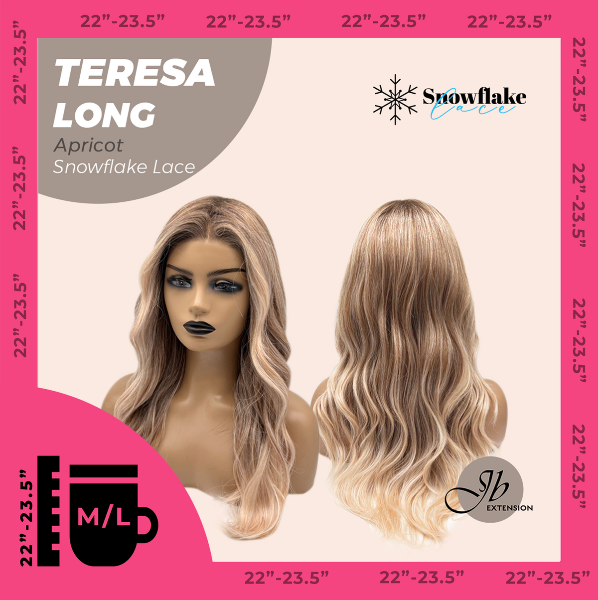 JBEXTENSION 22 Inches Long Apricot Pre-Cut Snowflake Lace Frontlace Glueless Wig TERESA LONG APRICOT【PERMATEASE】【BENDY EAR TABS】- M/L