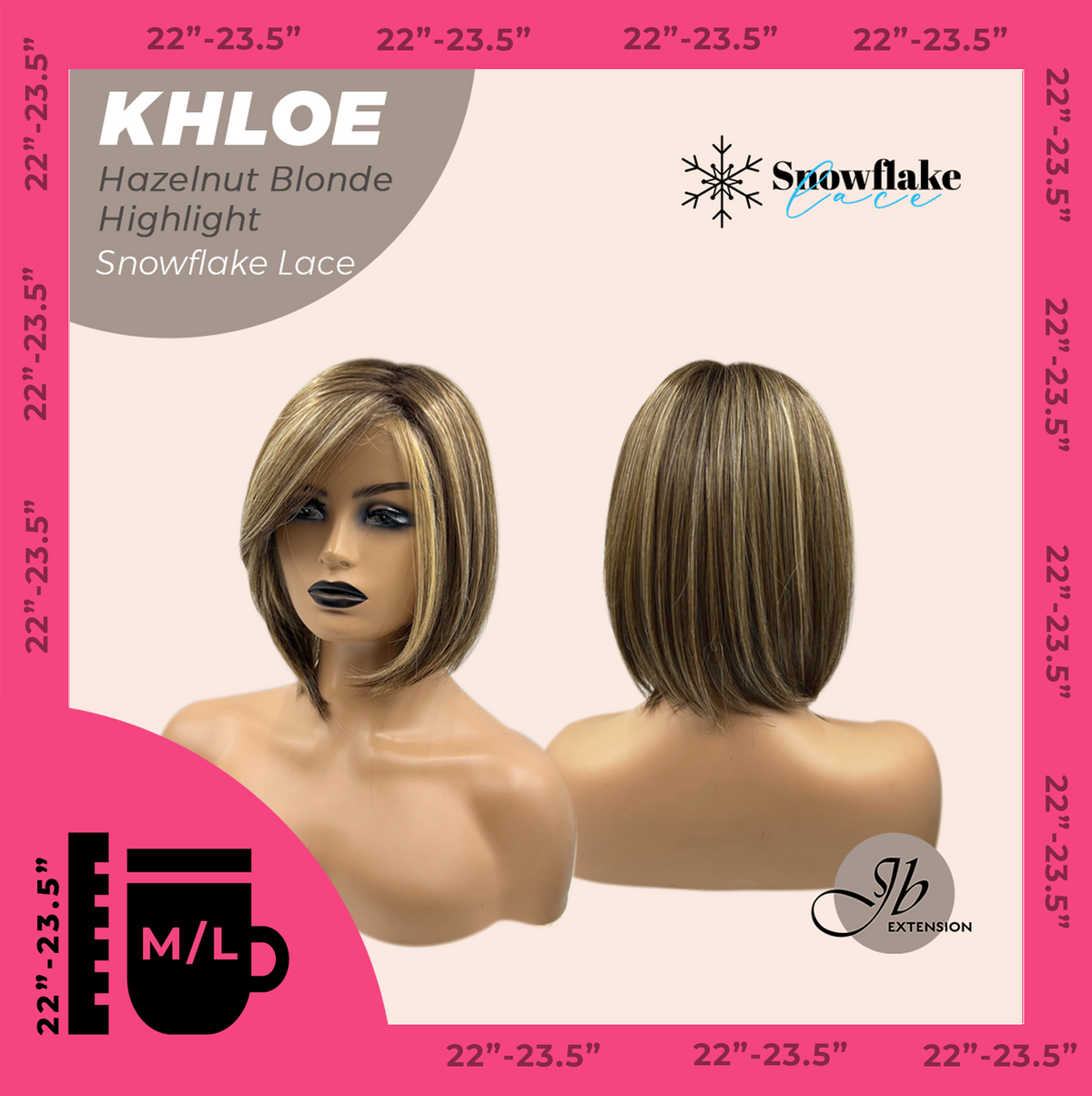 JBEXTENSION 12 Inches Bob Cut Hazelnut Blonde Highlight Pre-Cut Snowflake Lace Frontlace Glueless Wig KHLOE HAZELNUT【PERMATEASE】【BENDY EAR TABS】- M/L