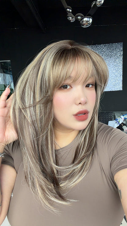 JBEXTENSION 20 Inches Scalpiana Biscuit Blonde Wolf Cut 3.5X4 Hard Silky Top Natural Scalp Effect Wig with Bangs LILA BISCUIT BLONDE