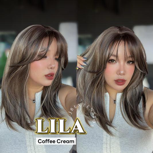JBEXTENSION 20 Inches Scalpiana Coffee Cream Wolf Cut 3.5X4 Hard Silky Top Natural Scalp Effect Wig With Bangs LILA COFFEE CREAM