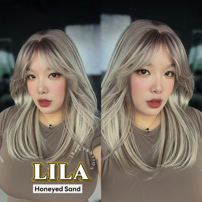 JBEXTENSION 20 Inches Scalpiana Honeyed Sand Wolf Cut 3.5X4 Hard Silky Top Natural Scalp Effect Wig with Bangs LILA HONEYED SAND