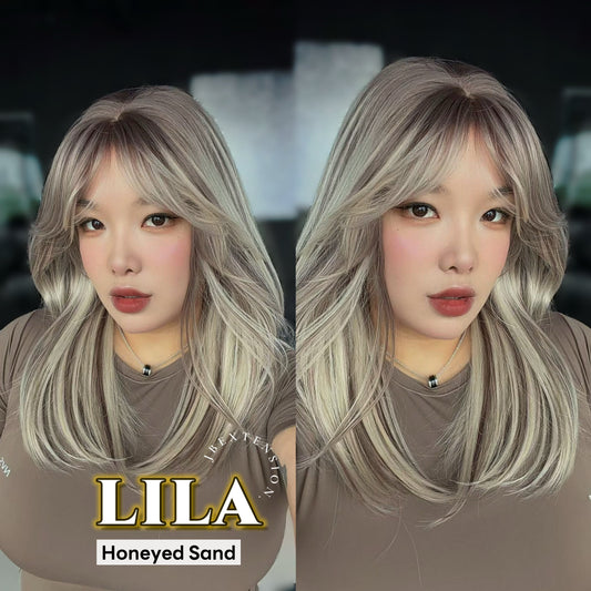JBEXTENSION 20 Inches Scalpiana Honeyed Sand Wolf Cut 3.5X4 Hard Silky Top Natural Scalp Effect Wig with Bangs LILA HONEYED SAND