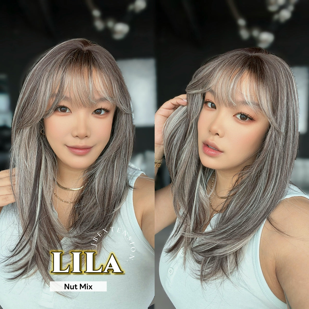 JBEXTENSION 20 Inches Scalpiana Nut Mix Wolf Cut 3.5X4 Hard Silky Top Natural Scalp Effect Wig with Bangs LILA NUT MIX