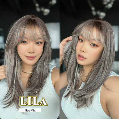 JBEXTENSION 20 Inches Scalpiana Nut Mix Wolf Cut 3.5X4 Hard Silky Top Natural Scalp Effect Wig with Bangs LILA NUT MIX