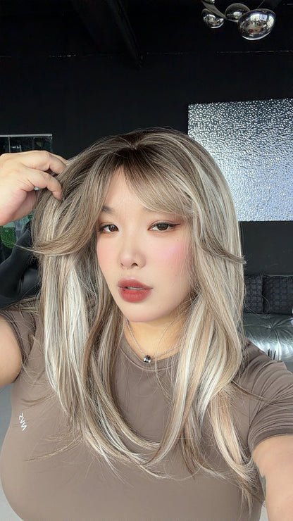 JBEXTENSION 20 Inches Scalpiana Pearl Mist Blonde Wolf Cut 3.5X4 Hard Silky Top Natural Scalp Effect Wig with Bangs LILA PEARL MIST BLONDE