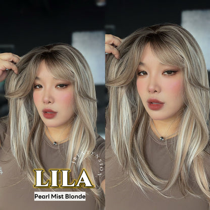 JBEXTENSION 20 Inches Scalpiana Pearl Mist Blonde Wolf Cut 3.5X4 Hard Silky Top Natural Scalp Effect Wig with Bangs LILA PEARL MIST BLONDE