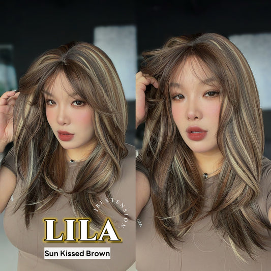 JBEXTENSION 20 Inches Scalpiana Sun-kissed Brown Wolf Cut 3.5X4 Hard Silky Top Natural Scalp Effect Wig with Bangs LILA SUN-KISSED BROWN
