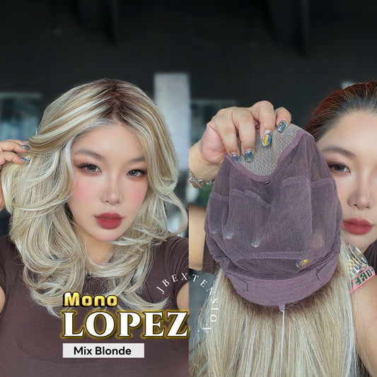 JBEXTENSION LOPEZ MONO Full Monofilament Handmade Full Lace Full Hand Tied Wig 18 Inches Mix Blonde Mono Lace Handmade Futura Fiber Wig with Anti-slip Silicone Strips Glueless Wig LOPEZ MONO - MIX BLONDE【BENDY EAR TABS】