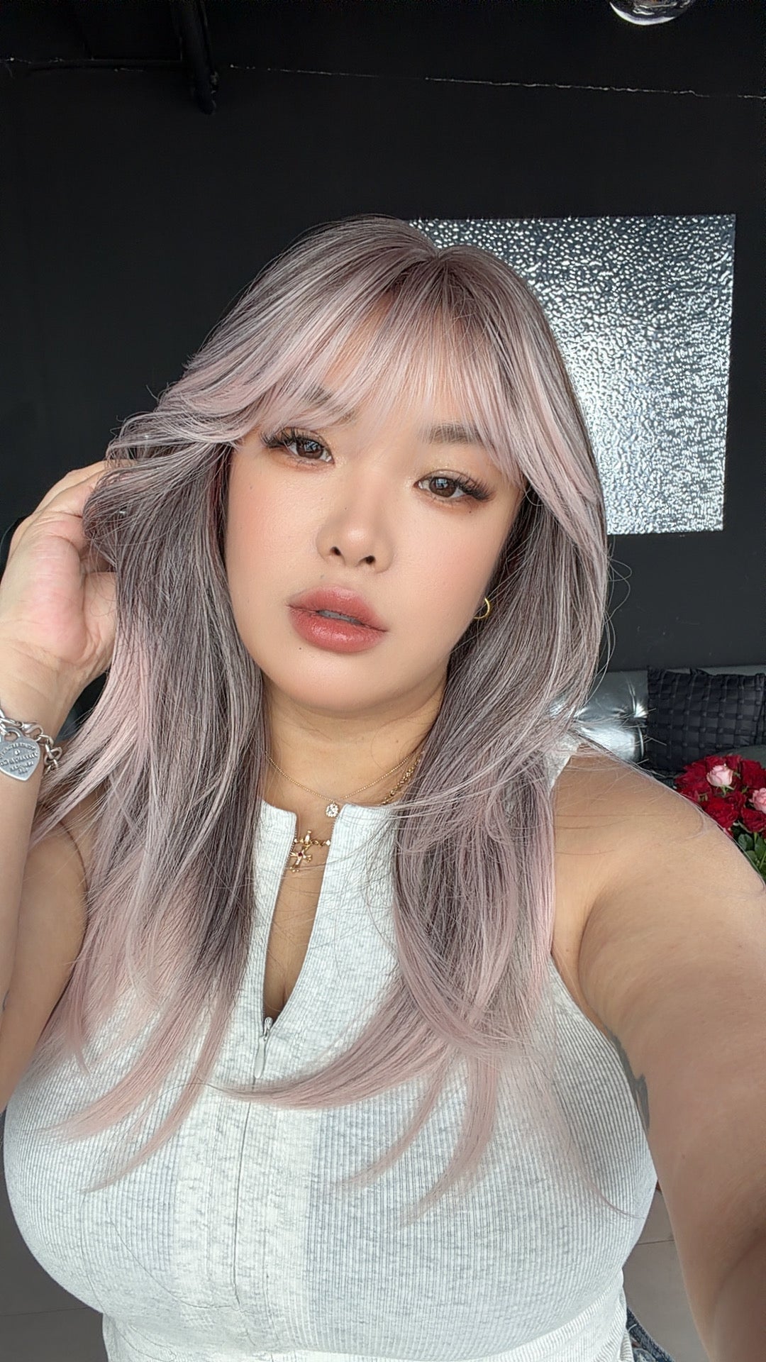 JBEXTENSION 21 Inches Natural Style Smog Pink Wig with Bangs LUCIA SMOG PINK