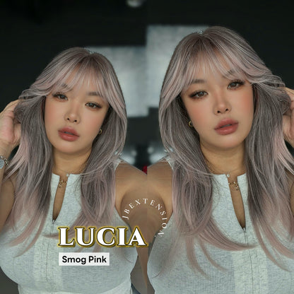 JBEXTENSION 21 Inches Natural Style Smog Pink Wig with Bangs LUCIA SMOG PINK