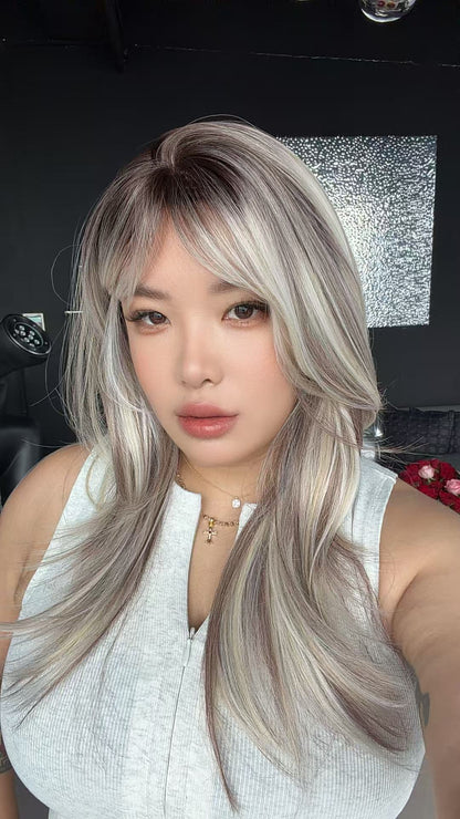JBEXTENSION 21 Inches Natural Style Ash Blonde Wig with Bangs LUCIA ASH BLONDE