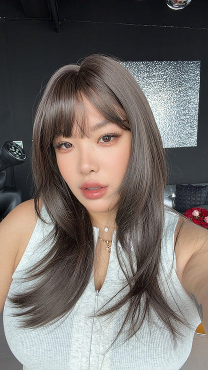 JBEXTENSION 21 Inches Natural Style Cold Brown Wig with Bangs LUCIA COLD BROWN