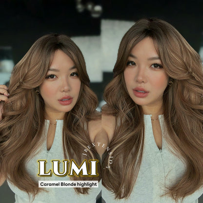 JBEXTENSION 23 Inches Curly Caramel Blonde Highlight Wig with Bangs LUMI CARAMEL BLONDE HIGHLIGHT