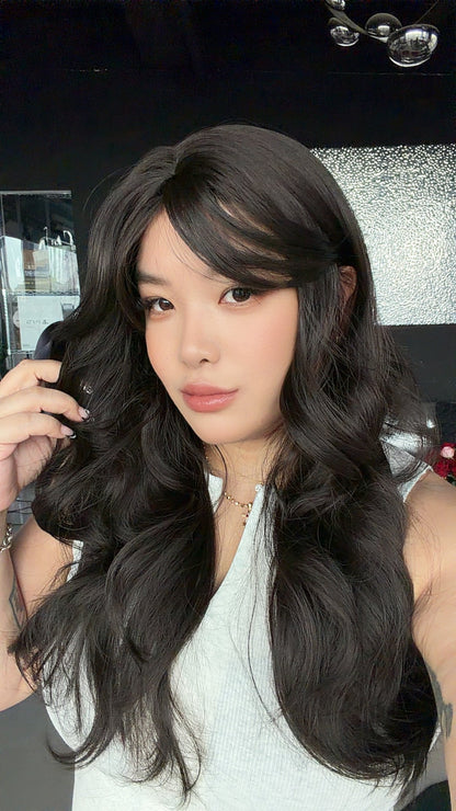 JBEXTENSION 23 Inches Curly Midnight Brown(Black/Brown) Wig with Bangs LUMI MIDNIGHT BROWN