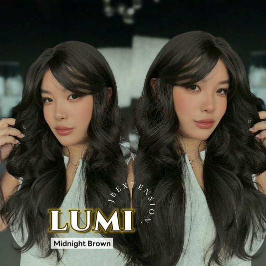 JBEXTENSION 23 Inches Curly Midnight Brown(Black/Brown) Wig with Bangs LUMI MIDNIGHT BROWN
