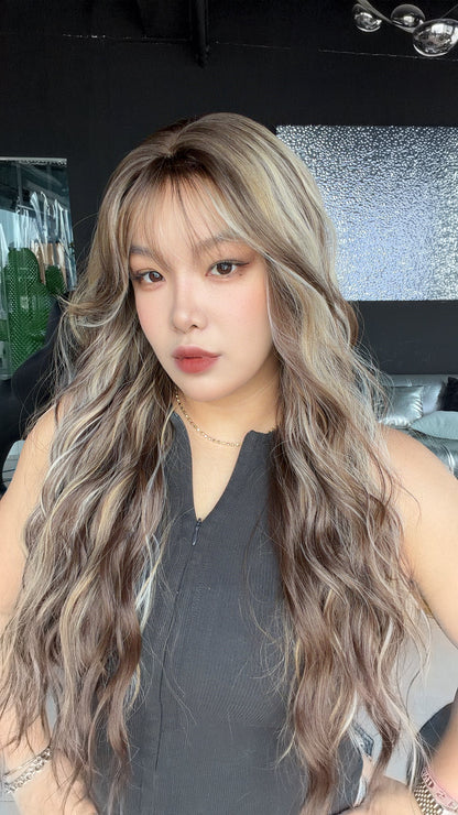 JBEXTENSION 28 Inches Scalpiana Long Wave Biscuit Blonde 3.5X4 Hard Silky Top Natural Scalp Effect Wig with Bangs OSSIE LONG - BISCUIT BLONDE