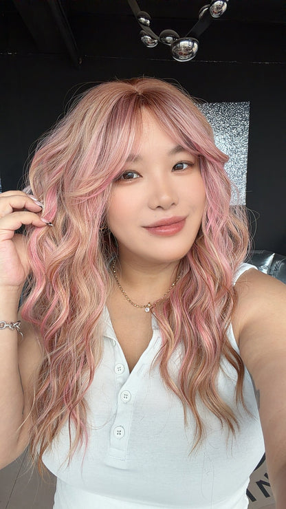 [PRE-ORDER] JBEXTENSION 22 Inches Scalpiana Long Wave Peach Rose 3.5X4 Hard Silky Top Natural Scalp Effect Wig with Bangs OSSIE PEACH ROSE