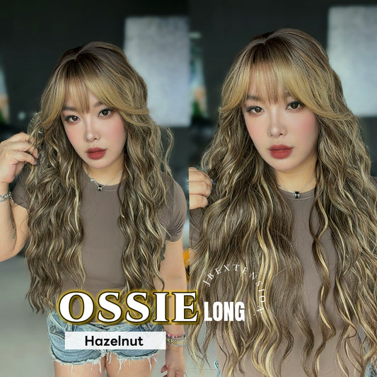 JBEXTENSION 28 Inches Scalpiana Long Wave Hazelnut 3.5X4 Hard Silky Top Natural Scalp Effect Wig with Bangs OSSIE LONG - HAZELNUT