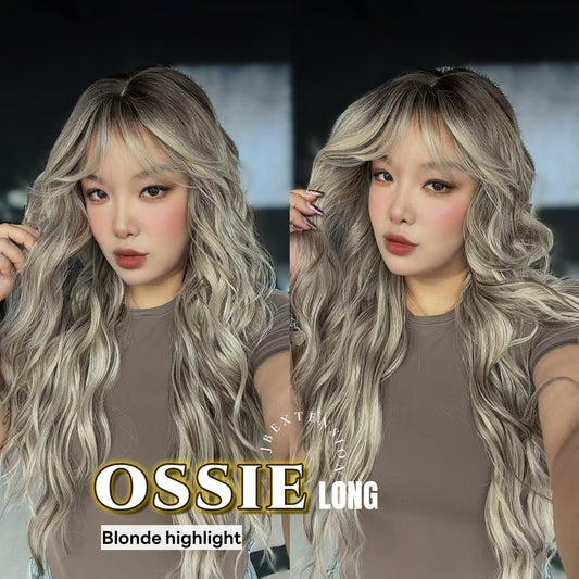 JBEXTENSION 28 Inches Scalpiana Long Wave Blonde Highlight 3.5X4 Hard Silky Top Natural Scalp Effect Wig with Bangs OSSIE LONG - BLONDE HIGHLIGHT