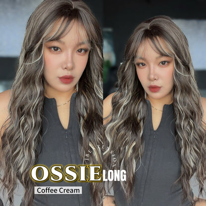 JBEXTENSION 28 Inches Scalpiana Long Wave Coffee Cream 3.5X4 Hard Silky Top Natural Scalp Effect Wig with Bangs OSSIE LONG - COFFEE CREAM