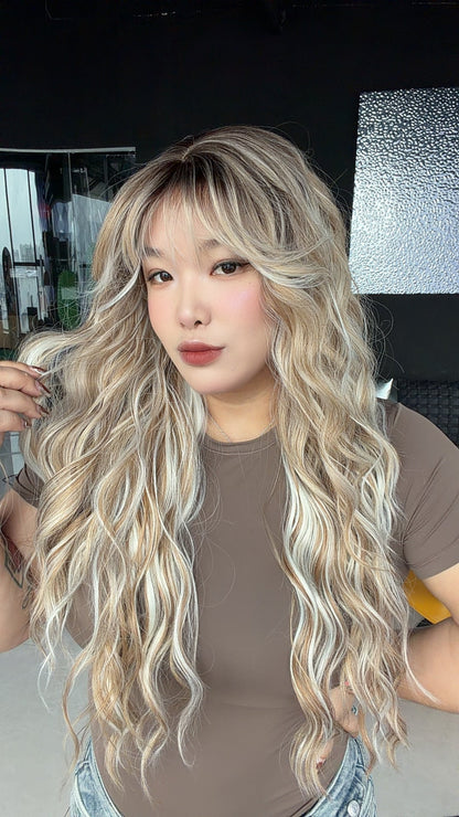 JBEXTENSION 28 Inches Scalpiana Long Wave Light Mix Blonde 3.5X4 Hard Silky Top Natural Scalp Effect Wig with Bangs OSSIE LONG - LIGHT MIX BLONDE