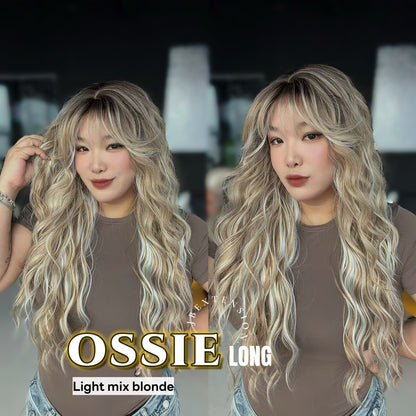 JBEXTENSION 28 Inches Scalpiana Long Wave Light Mix Blonde 3.5X4 Hard Silky Top Natural Scalp Effect Wig with Bangs OSSIE LONG - LIGHT MIX BLONDE