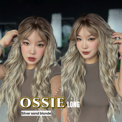 JBEXTENSION 28 Inches Scalpiana Long Wave Silver Sand Blonde 3.5X4 Hard Silky Top Natural Scalp Effect Wig with Bangs OSSIE LONG - SILVER SAND BLONDE