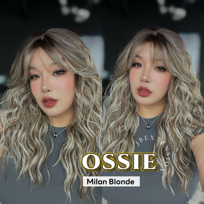 JBEXTENSION 22 Inches Scalpiana Long Wave Milan Blonde 3.5X4 Hard Silky Top Natural Scalp Effect Wig with Bangs OSSIE MILAN BLONDE