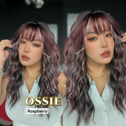 JBEXTENSION 22 Inches Scalpiana Long Wave Raspberry 3.5X4 Hard Silky Top Natural Scalp Effect Wig with Bangs OSSIE RASPBERRY