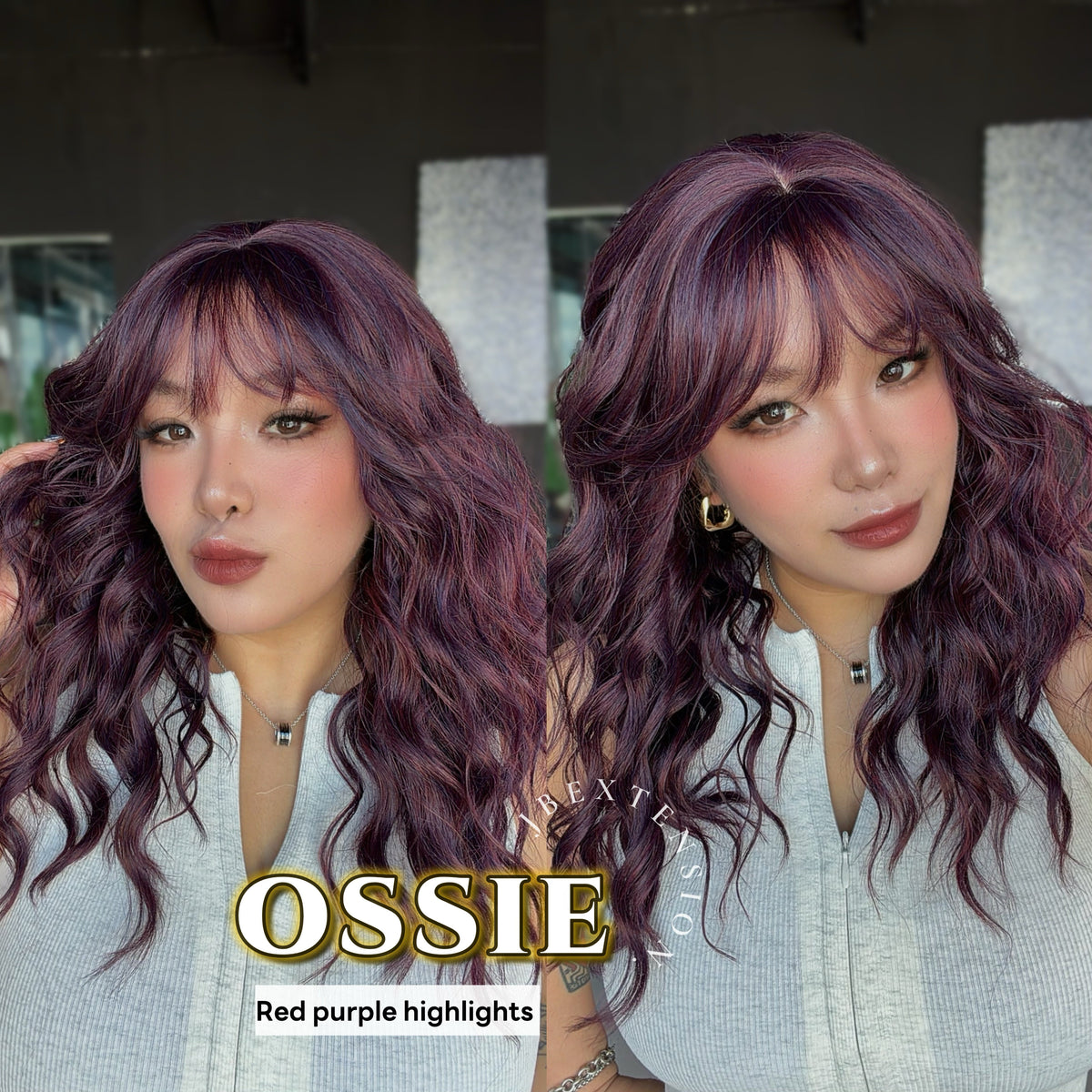 JBEXTENSION 22 Inches Scalpiana Long Wave Red Purple Highlight 3.5X4 Hard Silky Top Natural Scalp Effect Wig with Bangs OSSIE RED PURPLE HIGHLIGHT