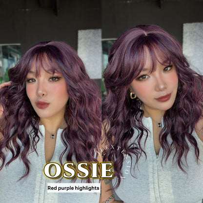 JBEXTENSION 22 Inches Scalpiana Long Wave Red Purple Highlight 3.5X4 Hard Silky Top Natural Scalp Effect Wig with Bangs OSSIE RED PURPLE HIGHLIGHT