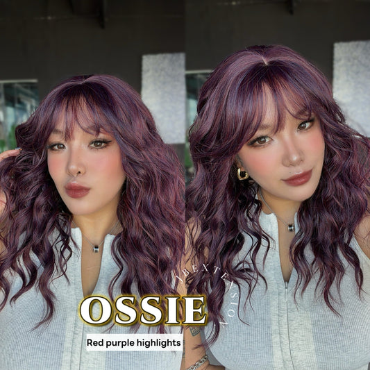 JBEXTENSION 22 Inches Scalpiana Long Wave Red Purple Highlight 3.5X4 Hard Silky Top Natural Scalp Effect Wig with Bangs OSSIE RED PURPLE HIGHLIGHT
