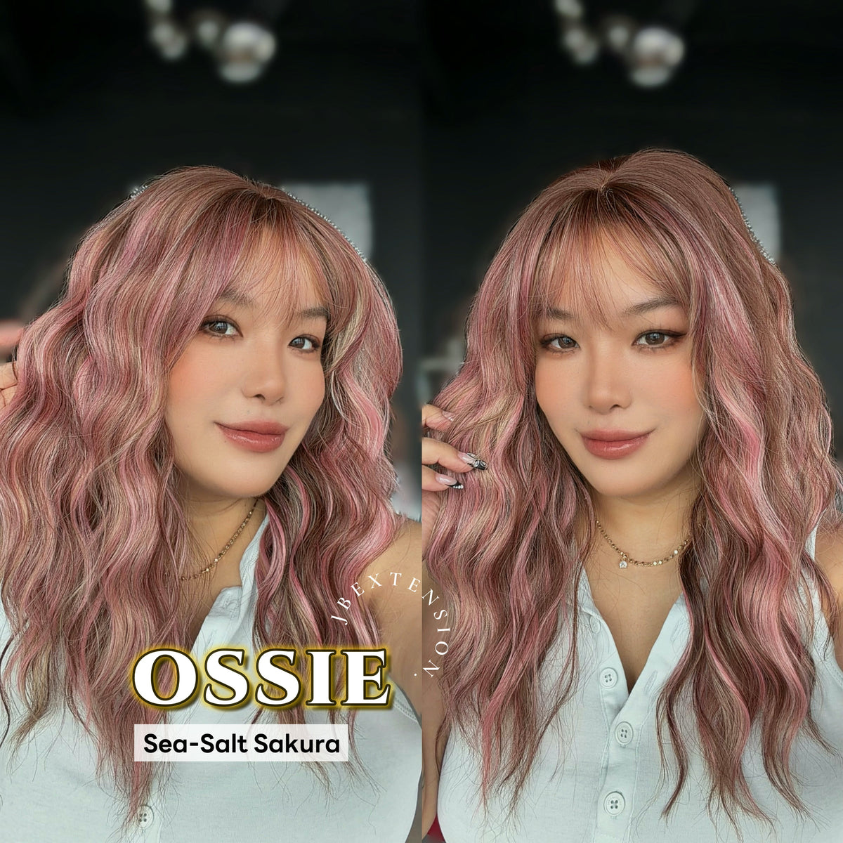 JBEXTENSION 22 Inches Scalpiana Long Wave Sea-salt Sakura 3.5X4 Hard Silky Top Natural Scalp Effect Wig with Bangs OSSIE SEA-SALT SAKURA