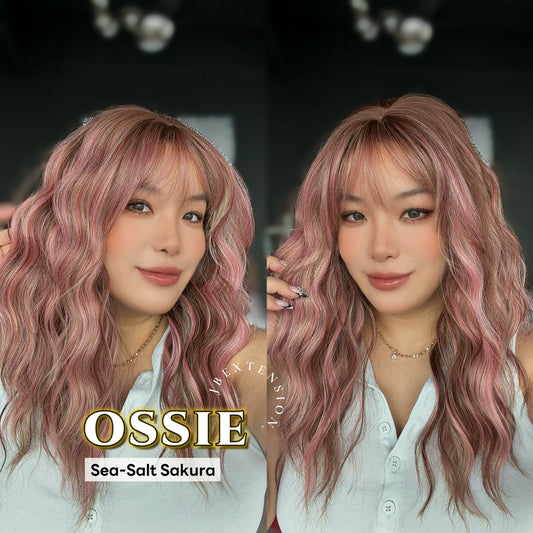 JBEXTENSION 22 Inches Scalpiana Long Wave Sea-salt Sakura 3.5X4 Hard Silky Top Natural Scalp Effect Wig with Bangs OSSIE SEA-SALT SAKURA