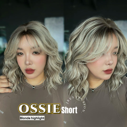 JBEXTENSION 14 Inches Scalpiana Wave Blonde Highlight 3.5X4 Hard Silky Top Natural Scalp Effect Wig with Bangs OSSIE SHORT - BLONDE HIGHLIGHT