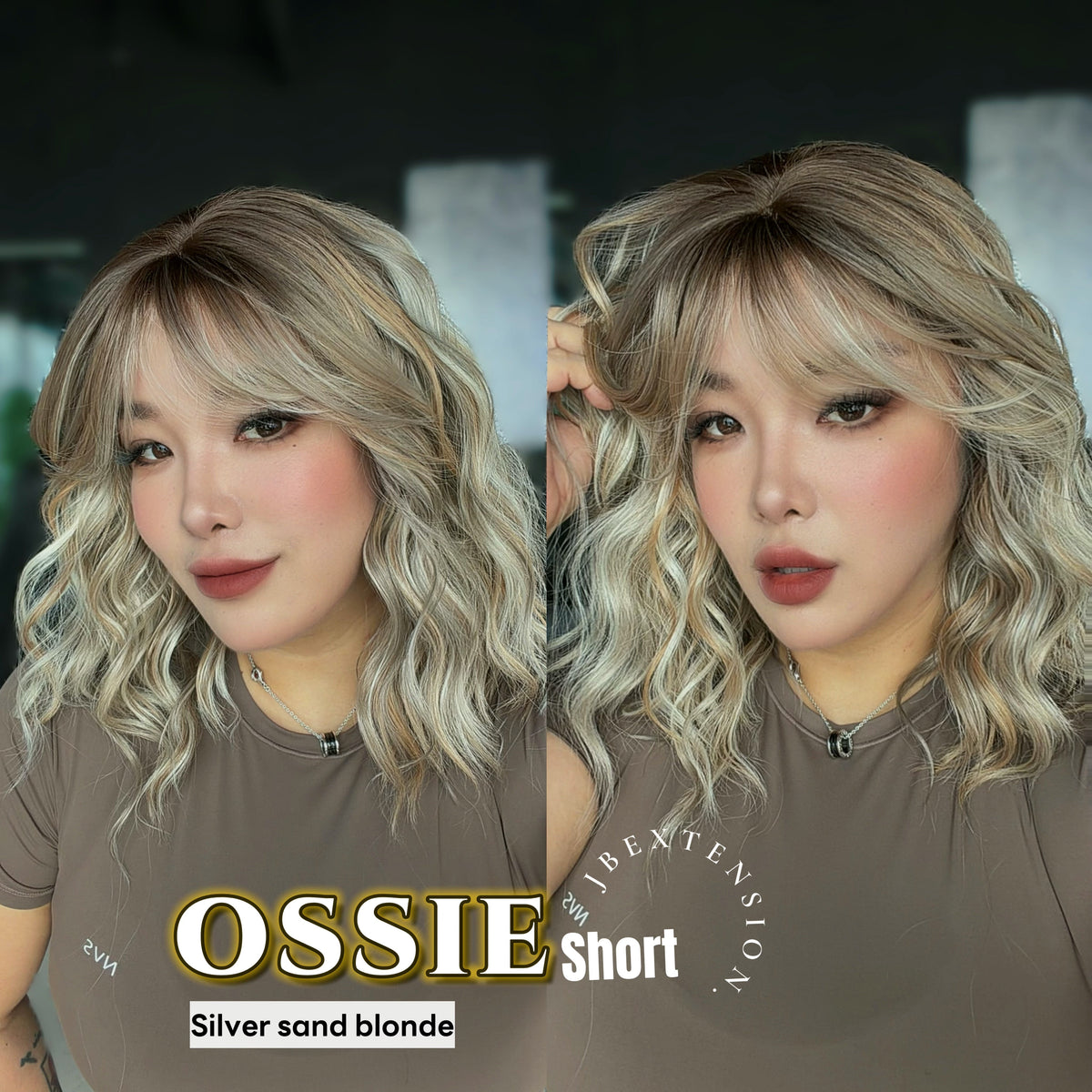 JBEXTENSION 14 Inches Scalpiana Wave Silver Sand Blonde 3.5X4 Hard Silky Top Natural Scalp Effect Wig with Bangs OSSIE SHORT - SILVER SAND BLONDE
