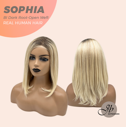 JBEXTENSION 12 Inches Blonde with Dark Root Pre-Cut Free Part Frontlace Glueless Real Human Hair Wig SOPHIA BLONDE WITH DARK ROOT - Open Weft【BENDY EAR TABS】