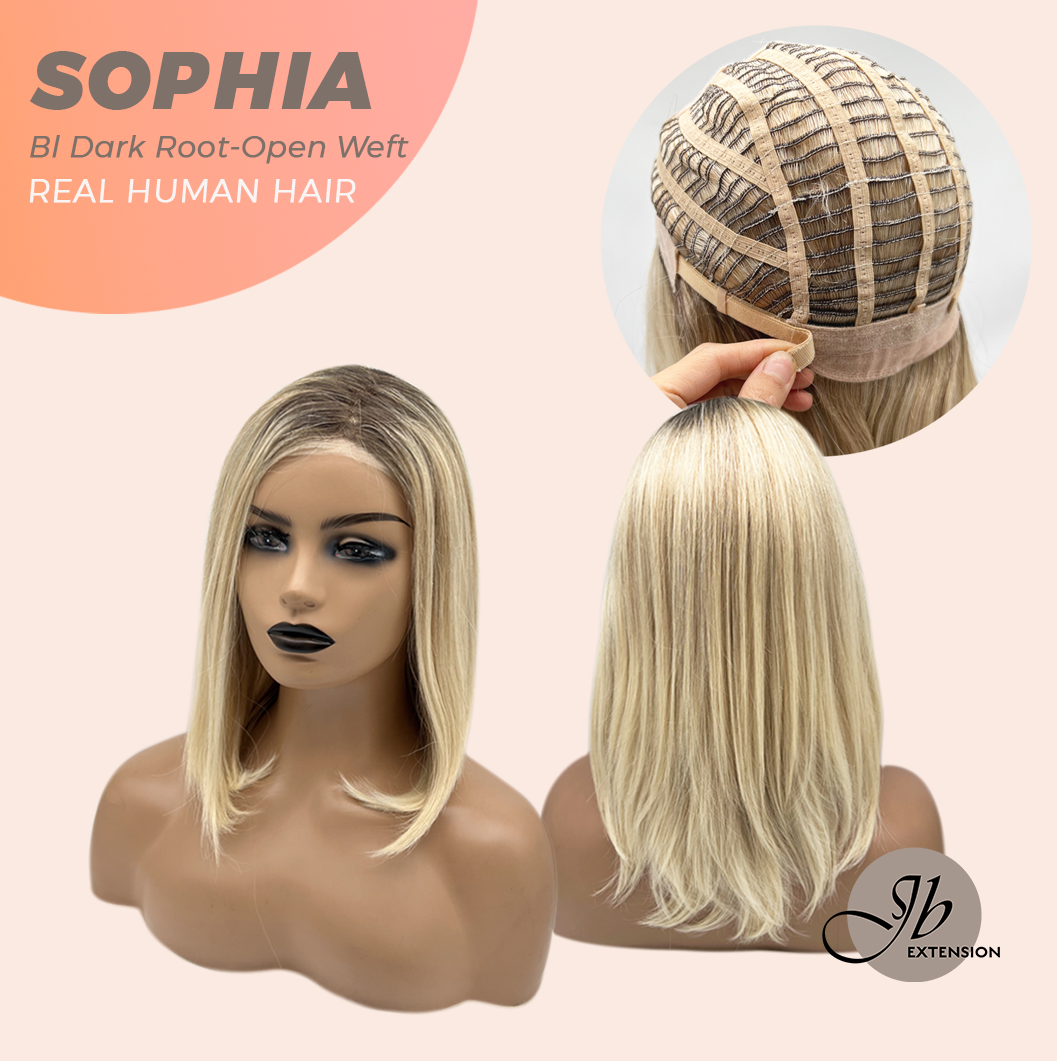 JBEXTENSION 12 Inches Blonde with Dark Root Pre-Cut Free Part Frontlace Glueless Real Human Hair Wig SOPHIA BLONDE WITH DARK ROOT - Open Weft【BENDY EAR TABS】