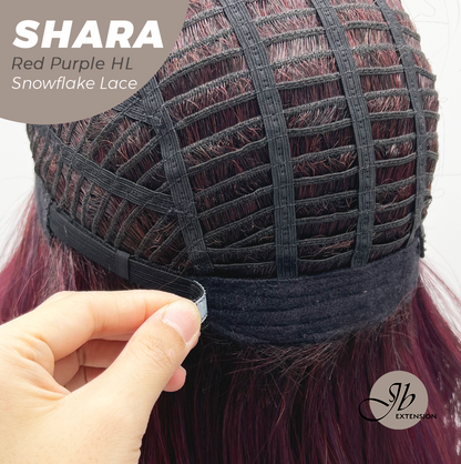 [FINAL SALE] JBEXTENSION 17 Inches Curly Red Purple Highlight Pre-Cut Arc Snowflake Lace Frontlace Glueless Wig SHARA RED PURPLE HIGHLIGHT【BENDY EAR TABS】