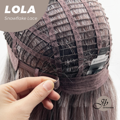 JBEXTENSION 20 Inches Curly Dark Brown with Grey Meches Hair Pre-Cut Arc Snowflake Lace Frontlace Glueless Wig LOLA SNOWFLAKE【BENDY EAR TABS】