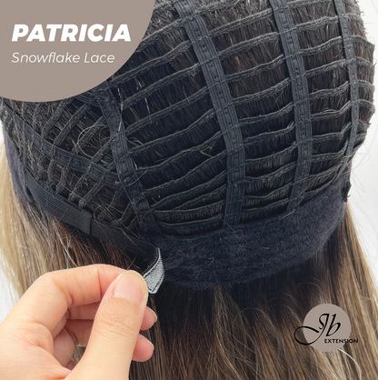 JBEXTENSION 17 Inches Dark Mix Blonde Pre-Cut Arc Snowflake Lace Frontlace Glueless Wig with Bangs PATRICIA【BENDY EAR TABS】