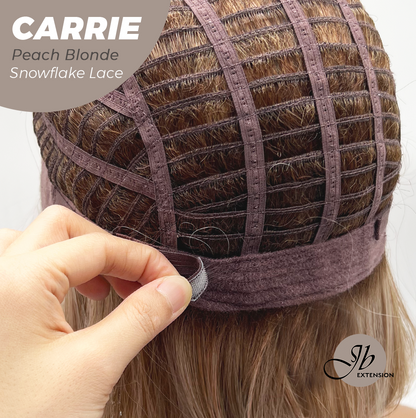 JBEXTENSION 11 Inches Short Hair Peach Blonde Pre-Cut Arc Snowflake Lace Frontlace Glueless Wig with Bangs CARRIE PEACH BLONDE【BENDY EAR TABS】