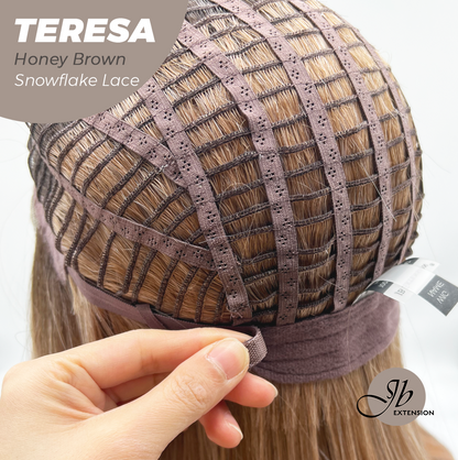JBEXTENSION 18 Inches Honey Brown Pre-Cut Snowflake Lace Frontlace Glueless Wig TERESA HONEY BROWN【PERMATEASE】【BENDY EAR TABS】- M/L