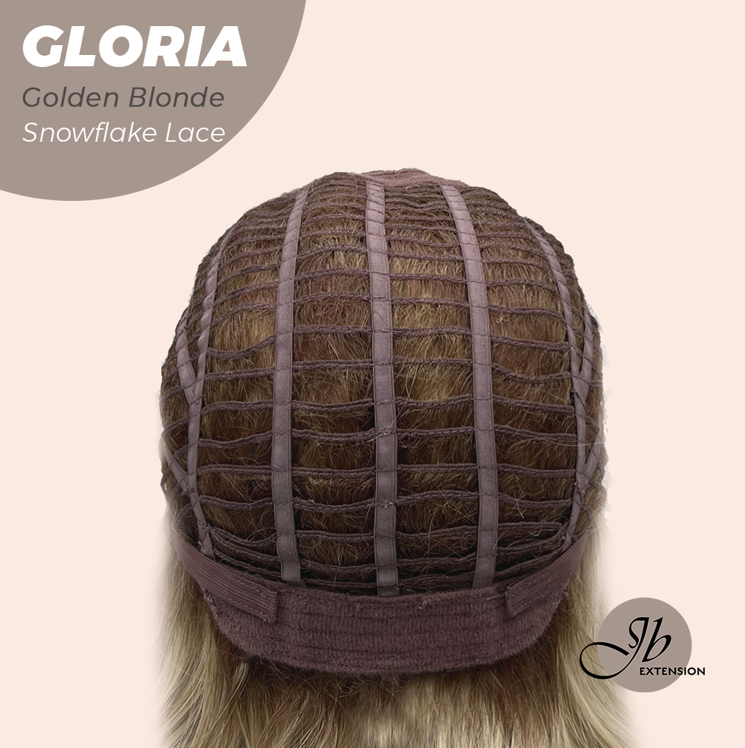 JBEXTENSION 14 Inches Curly Golden Blonde Wig with Bangs Pre-Cut Arc Snowflake Lace Frontlace Glueless Wig GLORIA GOLDEN BLONDE【BENDY EAR TABS】