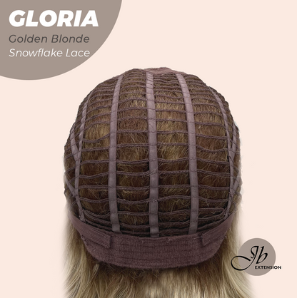 JBEXTENSION 14 Inches Curly Golden Blonde Wig with Bangs Pre-Cut Arc Snowflake Lace Frontlace Glueless Wig GLORIA GOLDEN BLONDE【BENDY EAR TABS】
