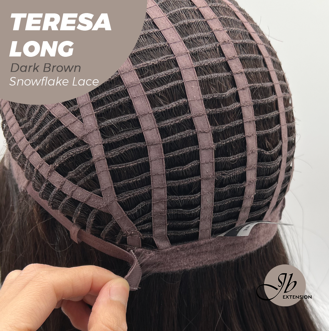 JBEXTENSION 22 Inches Long Dark Brown Pre-Cut Snowflake Lace Frontlace Glueless Wig TERESA LONG DARK BROWN【PERMATEASE】【BENDY EAR TABS】- M/L