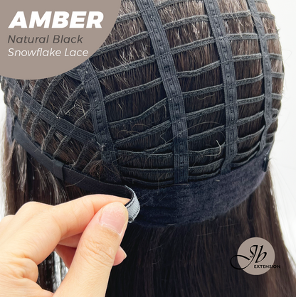 JBEXTENSION 21 Inches Straight Natural Black Pre-Cut Arc Snowflake Lace Frontlace Glueless Wig AMBER NATURAL BLACK【BENDY EAR TABS】