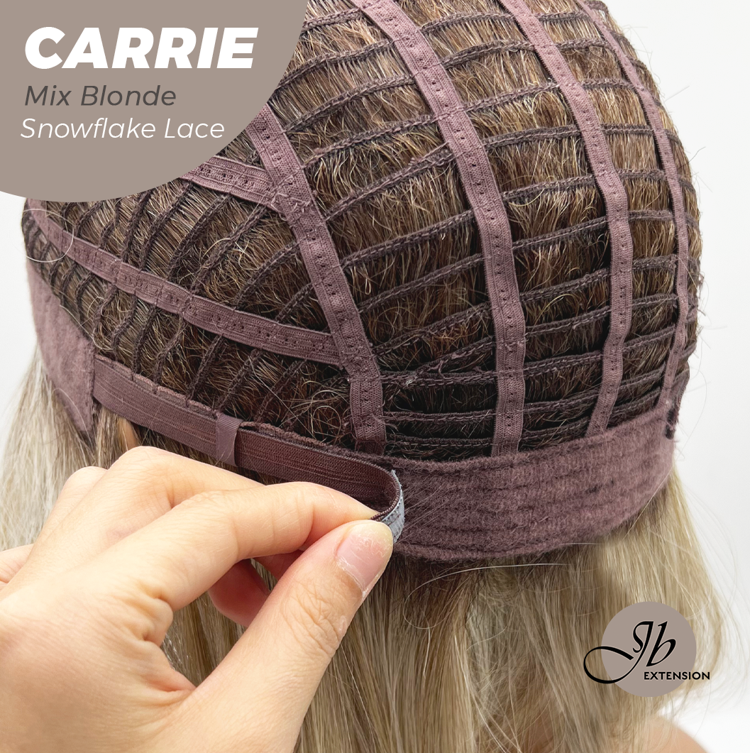 JBEXTENSION 11 Inches Short Hair Mix Blonde Pre-Cut Arc Snowflake Lace Frontlace Glueless Wig with Bangs CARRIE MIX BLONDE【BENDY EAR TABS】
