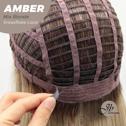 JBEXTENSION 21 Inches Straight Mix Blonde Pre-Cut Arc Snowflake Lace Frontlace Glueless Wig AMBER MIX BLONDE【BENDY EAR TABS】