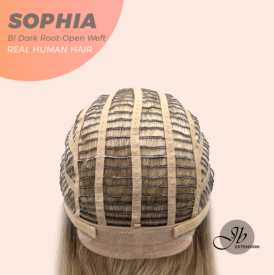 JBEXTENSION 12 Inches Blonde with Dark Root Pre-Cut Free Part Frontlace Glueless Real Human Hair Wig SOPHIA BLONDE WITH DARK ROOT - Open Weft【BENDY EAR TABS】